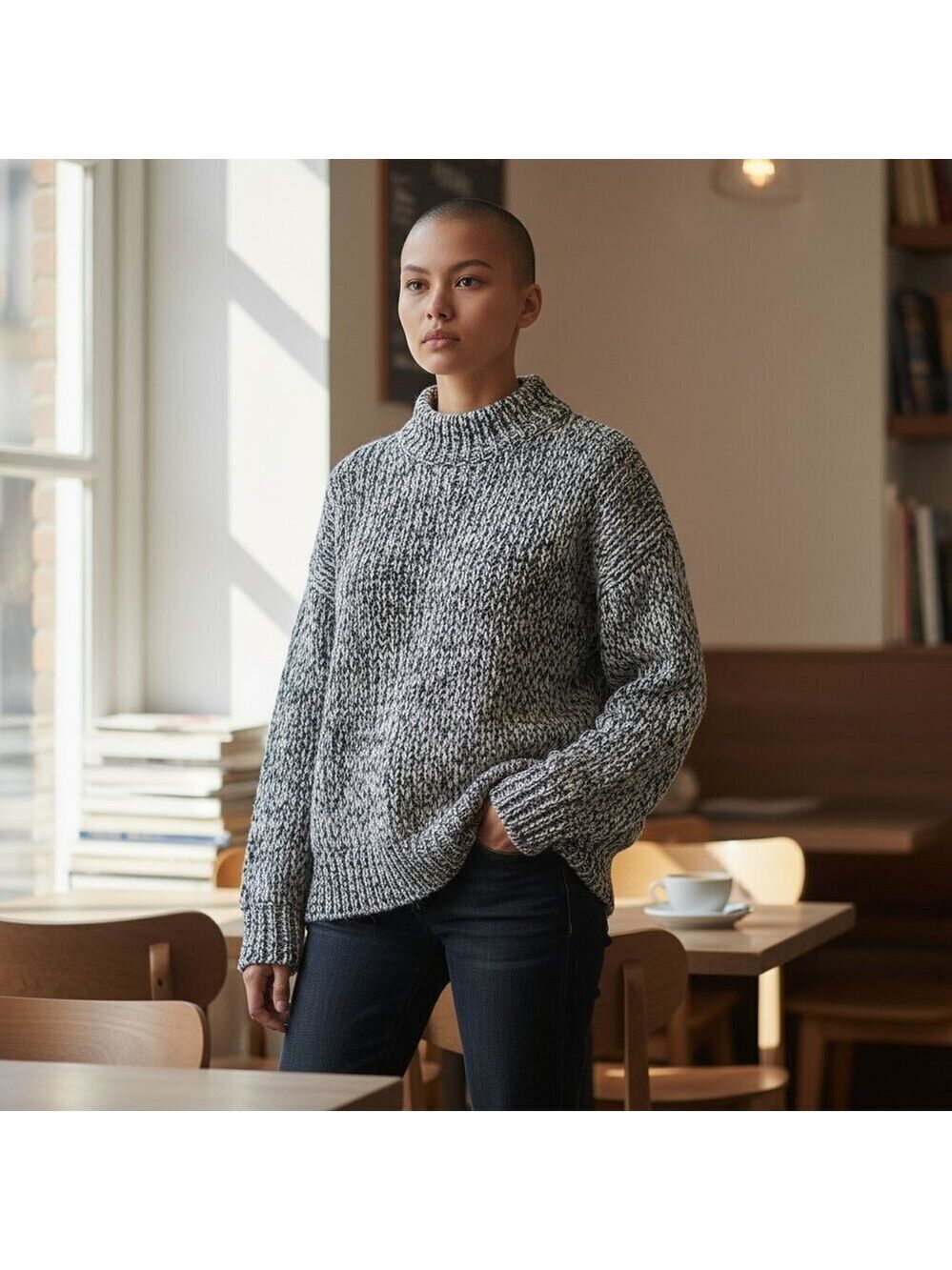 Samsoe Samsoe Extra Thick Grey & Cream Knit Crew Neck Sweater Size S